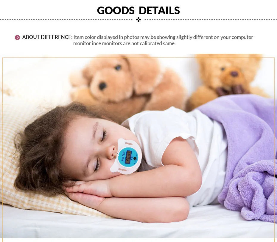 Blue and pink digital baby pacifier thermometers showing LCD temperature display