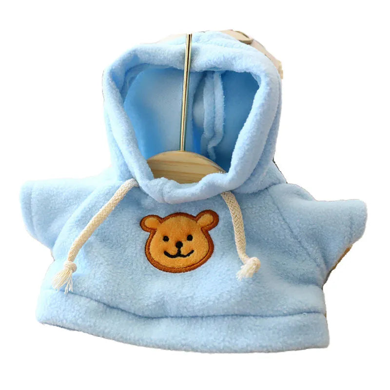 A blue cloth dog hoodie sweater shown next to a grey bear design sweater, illustrating the two available size options.