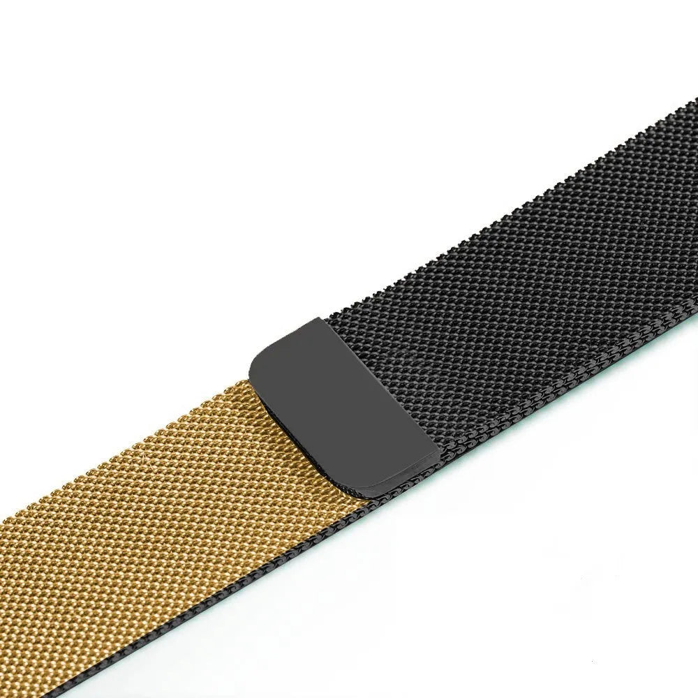 Stainless steel watch strap in silver, shown next to black, gold, and rose gold colour options.