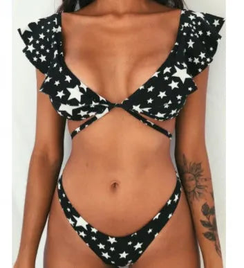 Yellow floral print split style bikini swimsuit on a mannequin.