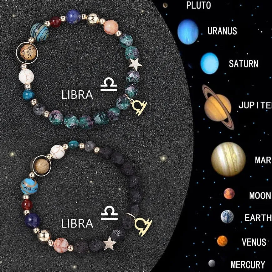 Two natural stone beaded bracelets with 12-14mm beads on a textured surface, showing adjustable clasp.