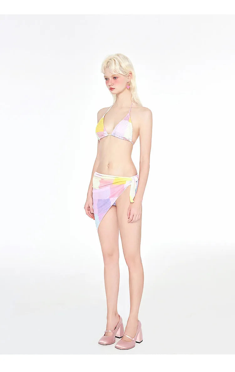 Rainbow pink triangle bikini swimsuit three-piece set on mannequin showing wireless cups and Asian sizing