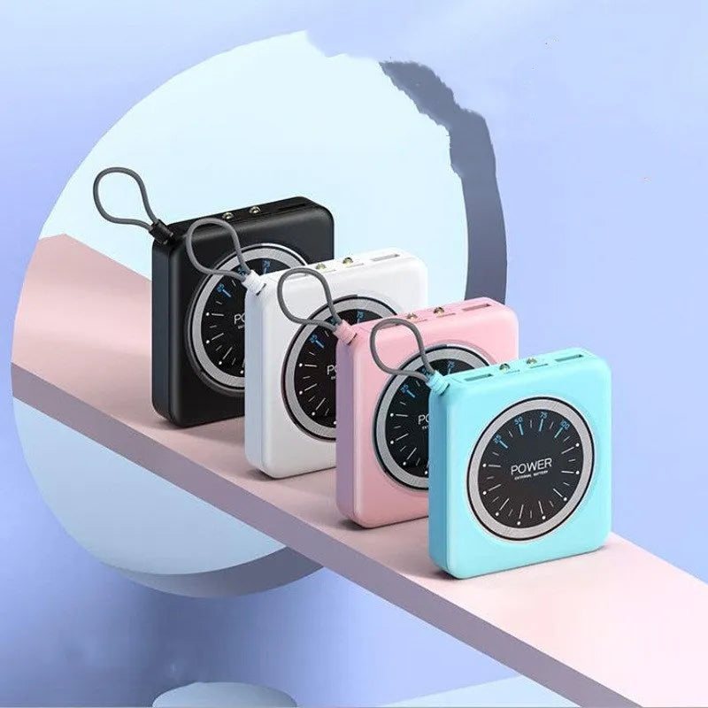 Compact alloy-cased mini power bank in mint green, showing multi USB ports and dimensions 77x82x25mm.