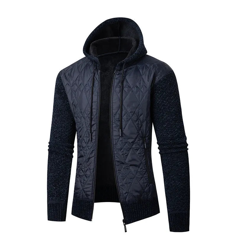 Men's grey hooded corduroy cardigan coat with a cinched waist, shown on a model.