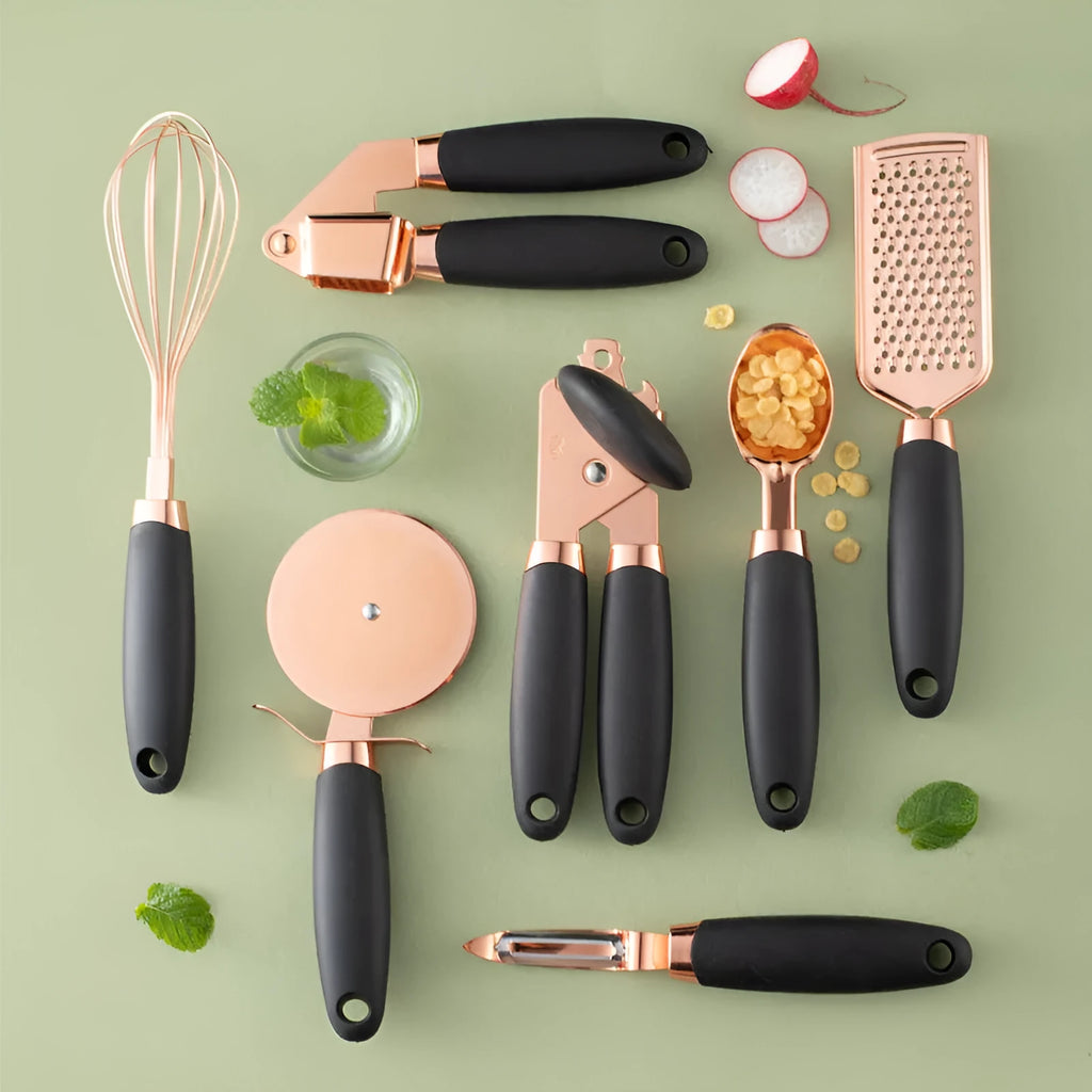 Seven-piece kitchen utensil set with stainless steel blades and copper-plated handles in multiple colour options
