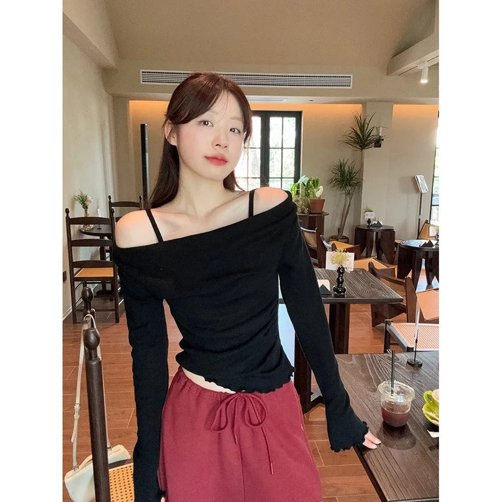 Fashion fake two-piece off-shoulder long sleeve top in polyester with patchwork and ruffles, available in multiple colours