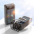 Solar power bank with cable showing 30000 mAh capacity, available in black, white, and green colours