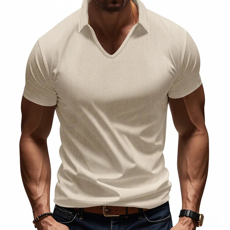 Men's loose fit V-neck short sleeve T-shirt in a light blue solid colour.