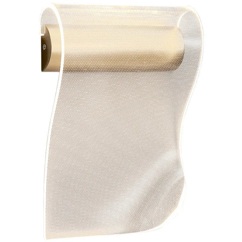 Modern wall lamp with acrylic shade and iron arm in a left bend design, mounted on a wall.