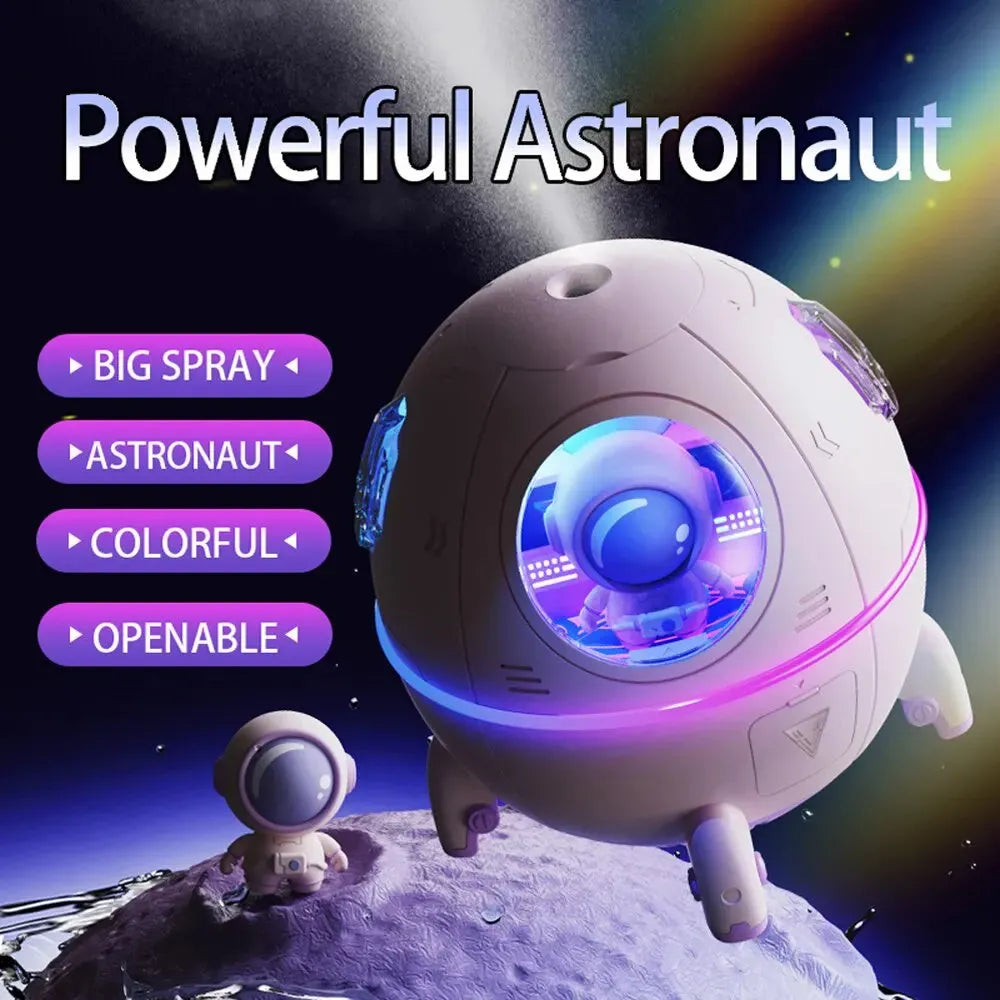 Astronaut-themed desktop USB humidifier with colourful LED lights and water tank.