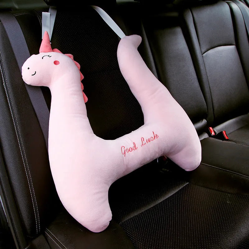 Dinosaur pattern soft plush car bolster pillow for travel, size 60cm by 55cm.