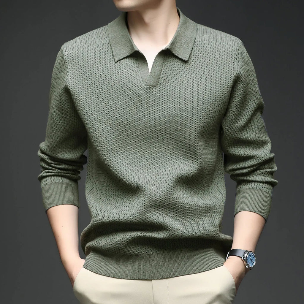 Men's loose fit casual pullover sweater in a camel colour, showing the front design.