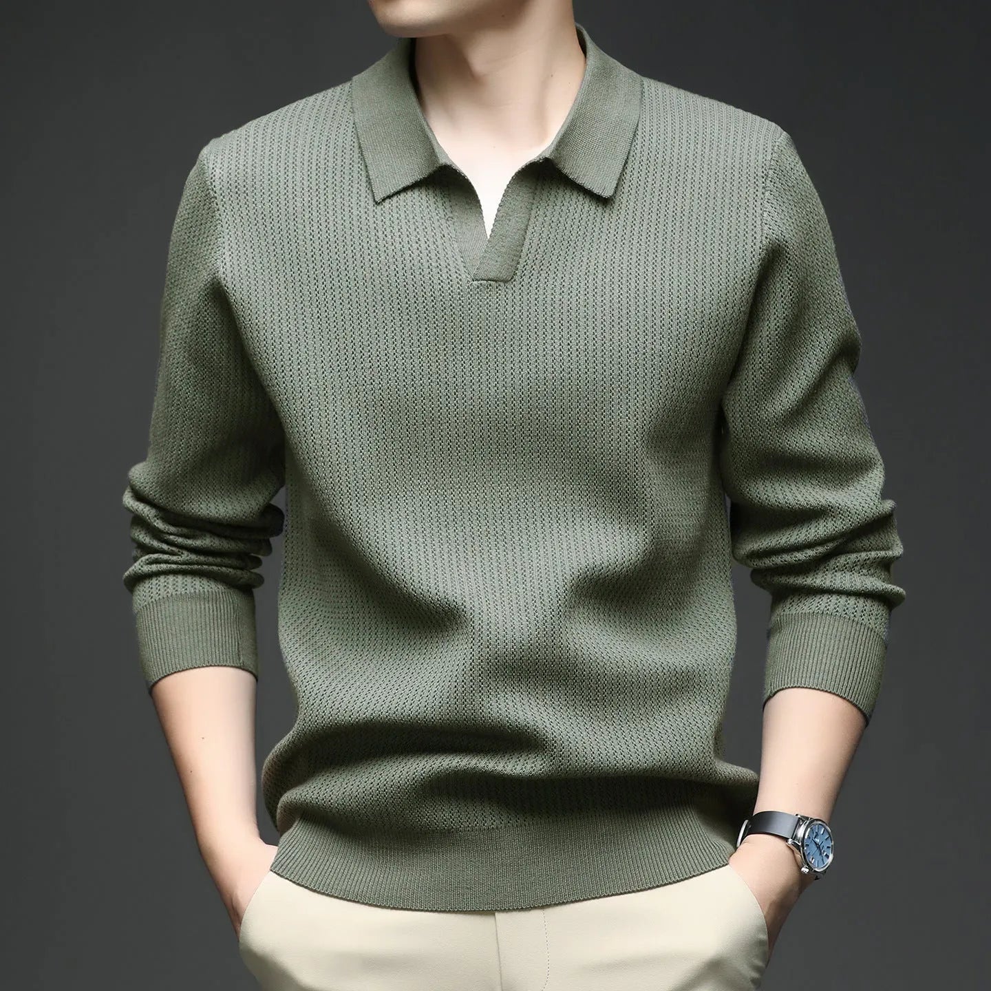 Men's loose fit casual pullover sweater in a camel colour, showing the front design.