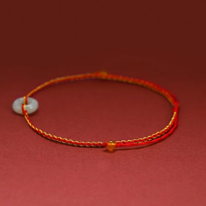 Red braided rope Hetian jade bracelet anklet set natural wave style certificate packaging