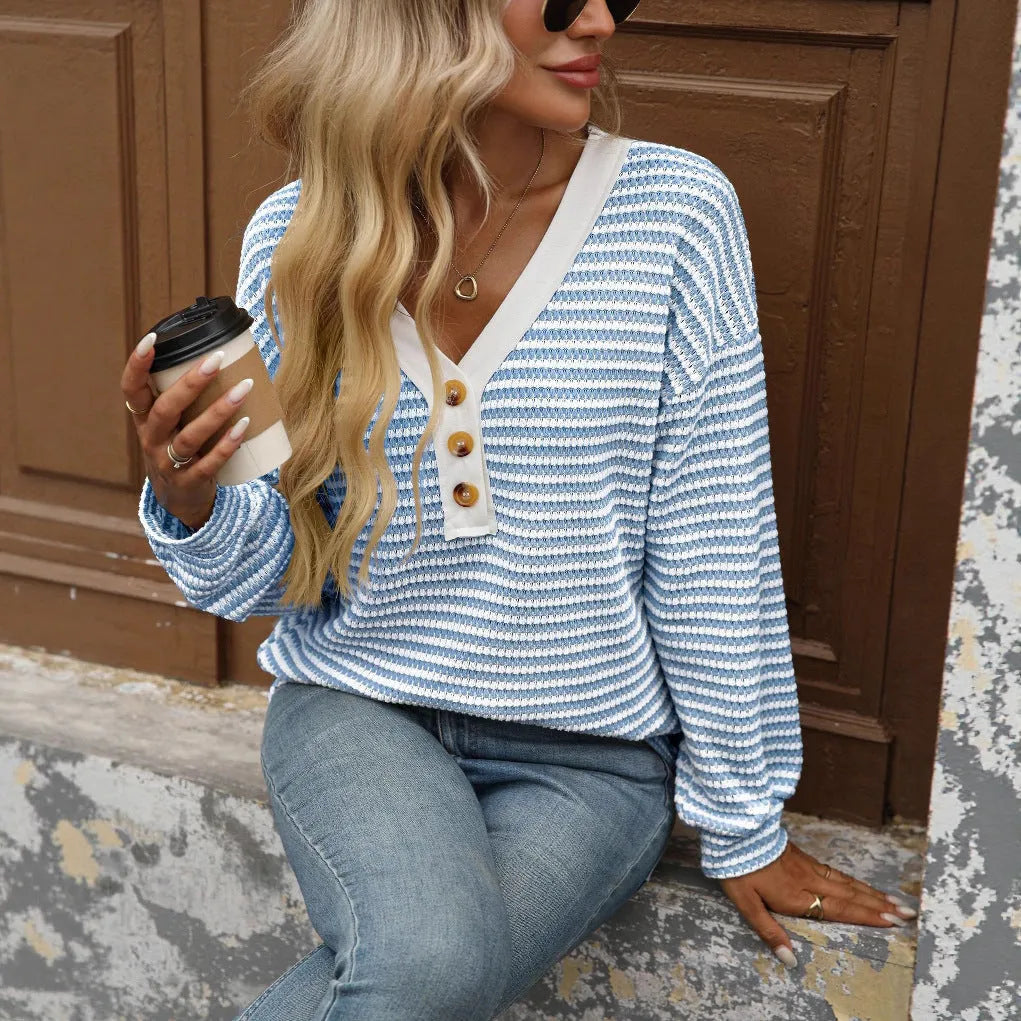 Women's loose-fit patchwork V-neck pullover top in a choice of colours.