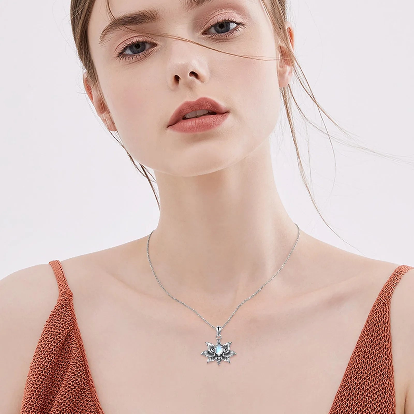 Sterling silver moonstone teardrop lotus flower pendant necklace on 18-inch O-chain