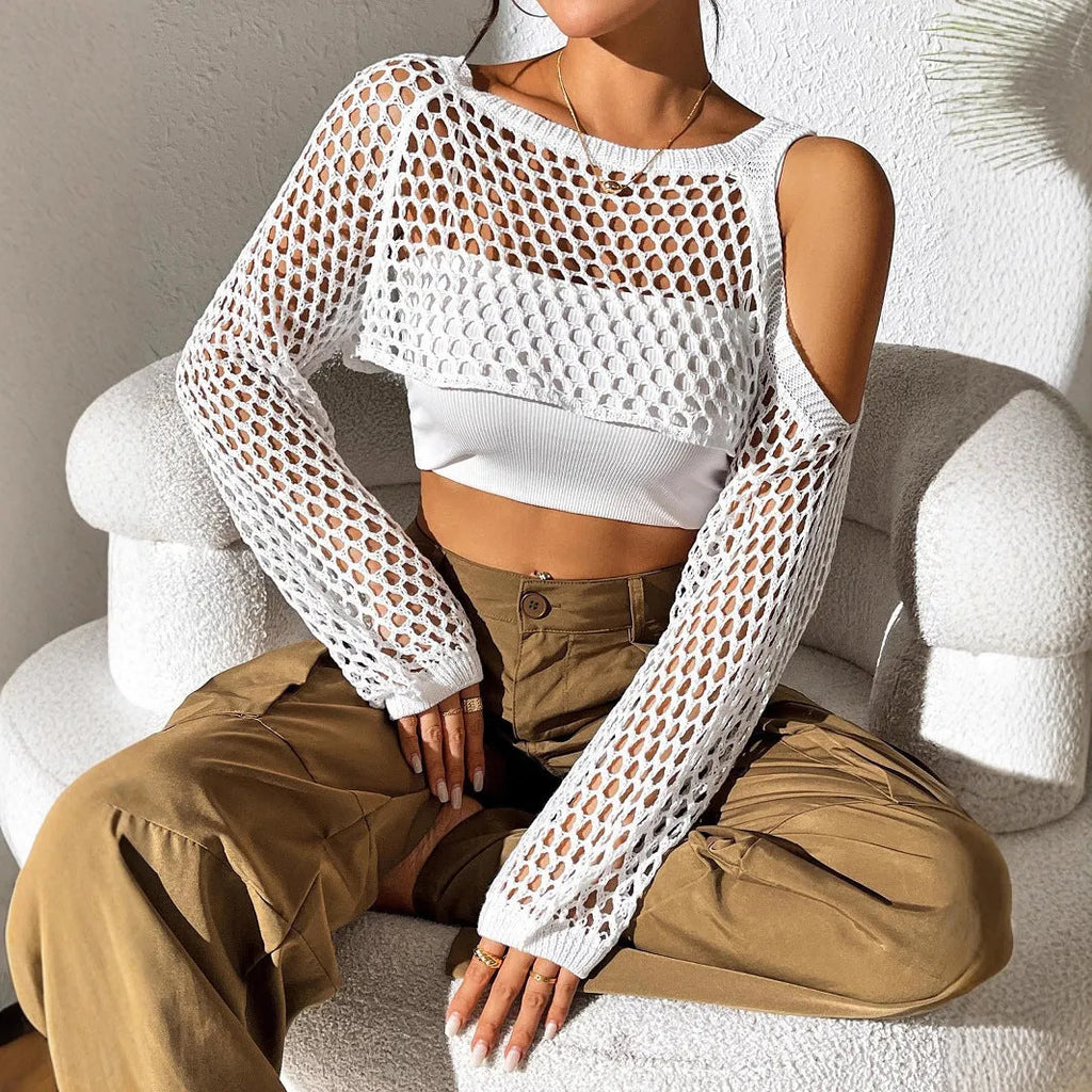 Mesh shirt with a hollowed navel detail, shown in one of six available colours.