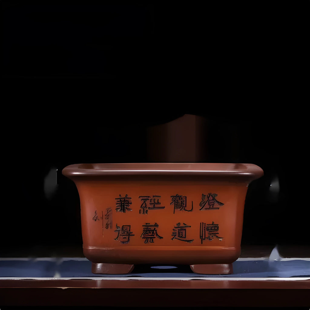 Extra large Chinese style purple clay flower pot in antique carved square design