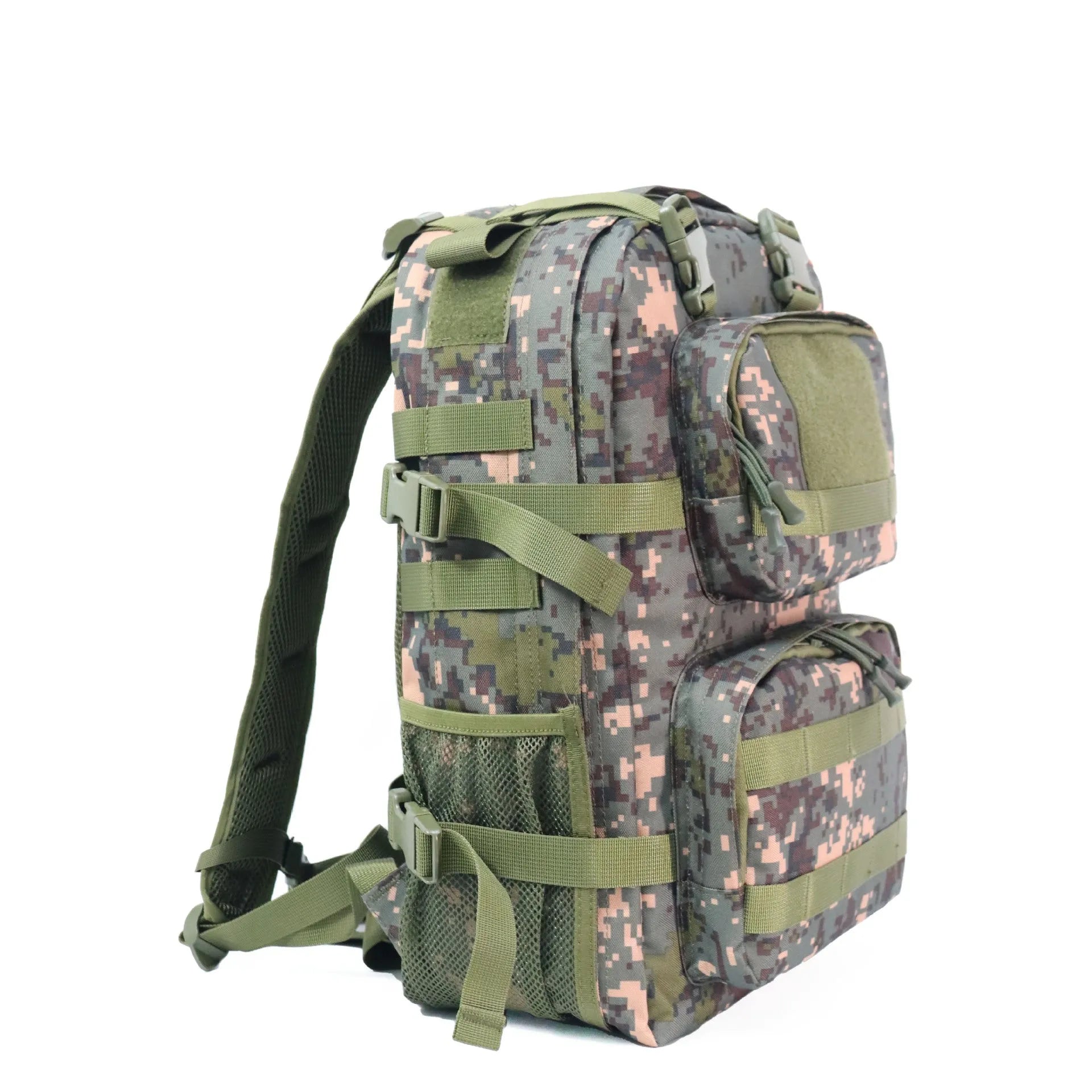 Green camouflage waterproof outdoor rucksack with black straps, shown from a side angle.
