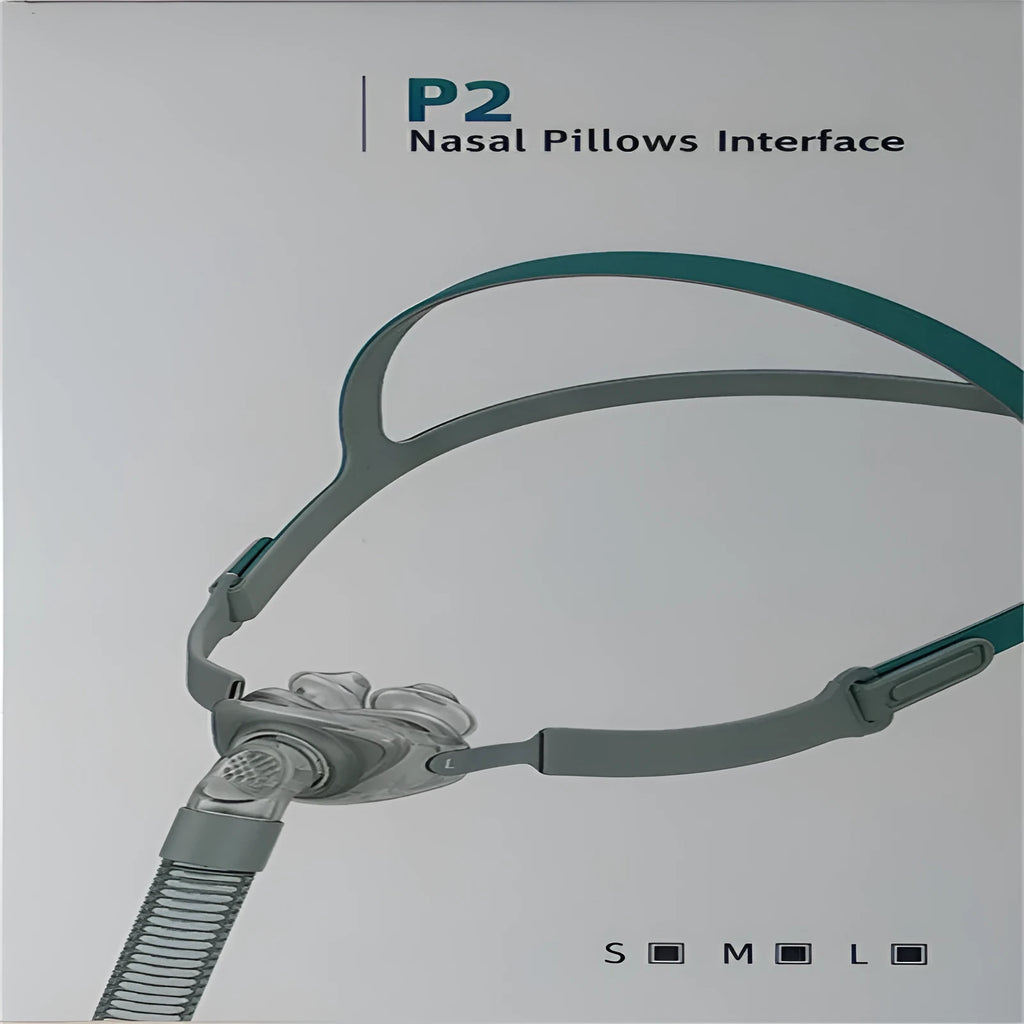 CPAP nasal pillow mask with silicone cushions and adjustable headband for sleep apnoea therapy