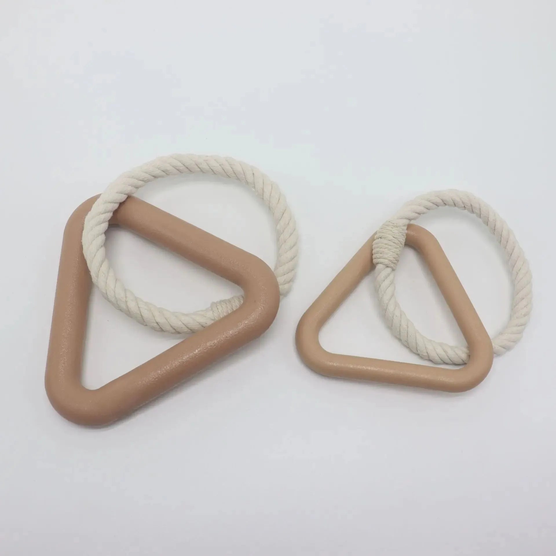 Large triangular pull ring dog toy with twisted cotton rope in beige, pink, or purple.