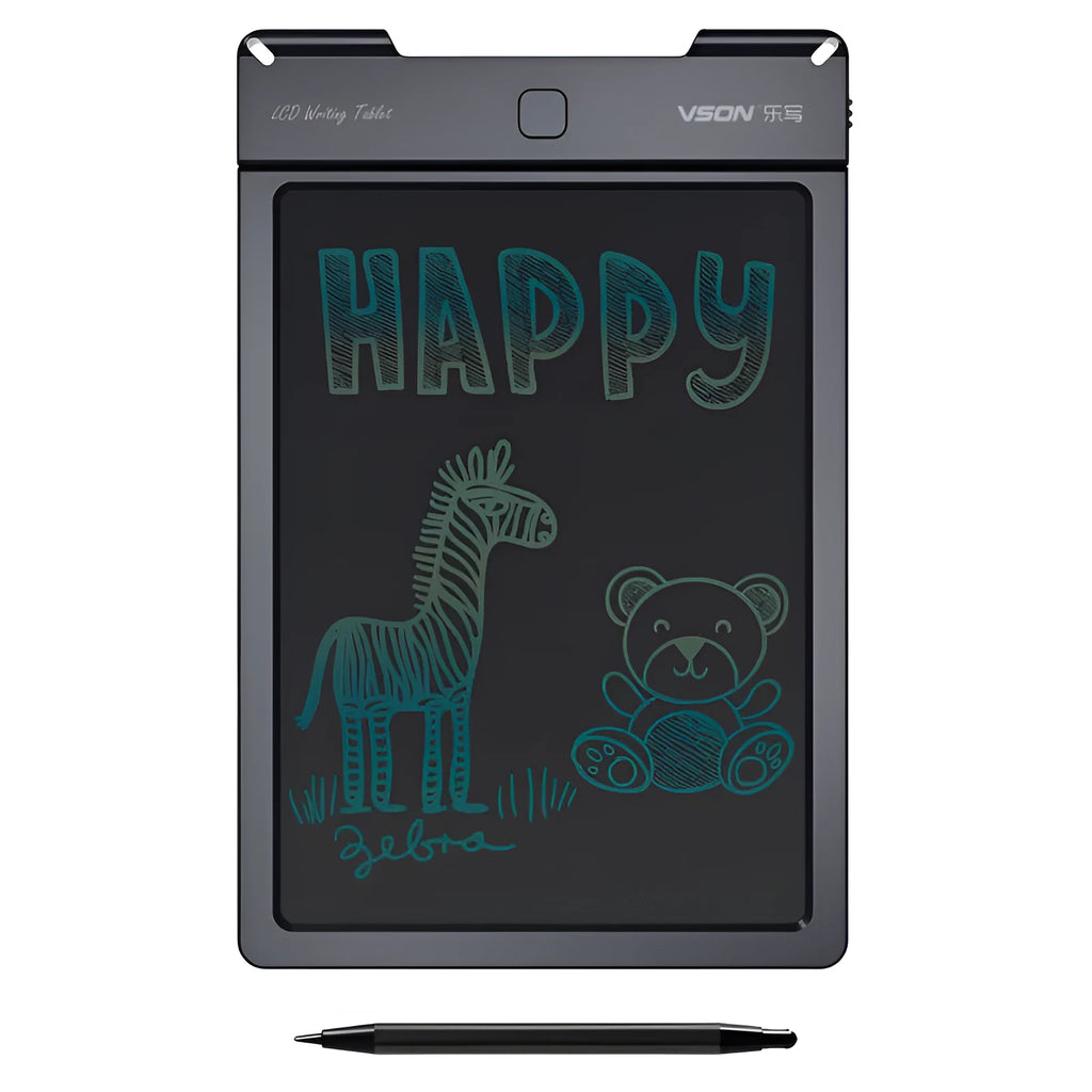 Black electronic LCD tablet with stylus, 229.25x149.45x10.5 mm, full-perspective screen, CR2032 battery