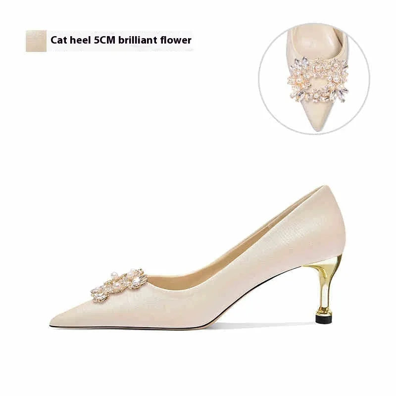 Women's pointed-toe crystal bridal high heels with rhinestones, showing stiletto and cat heel options.