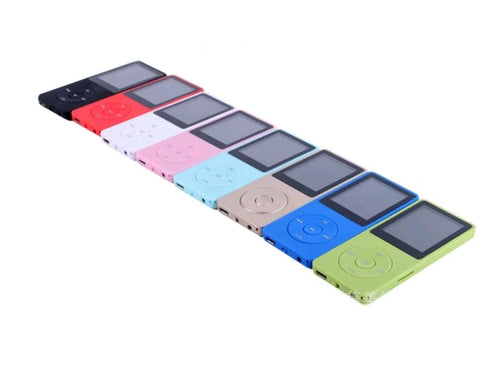 Compact black MP4 player with a 1.8-inch colour screen, showing a music playlist interface.