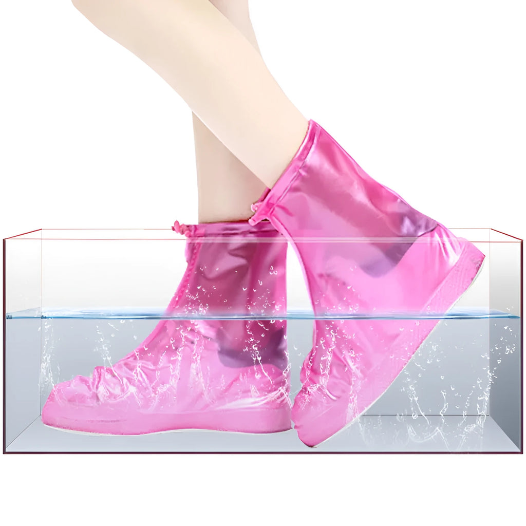 Waterproof shoe covers for men and women in PVC with non-slip sole, available in camouflage blue and transparent dot colours