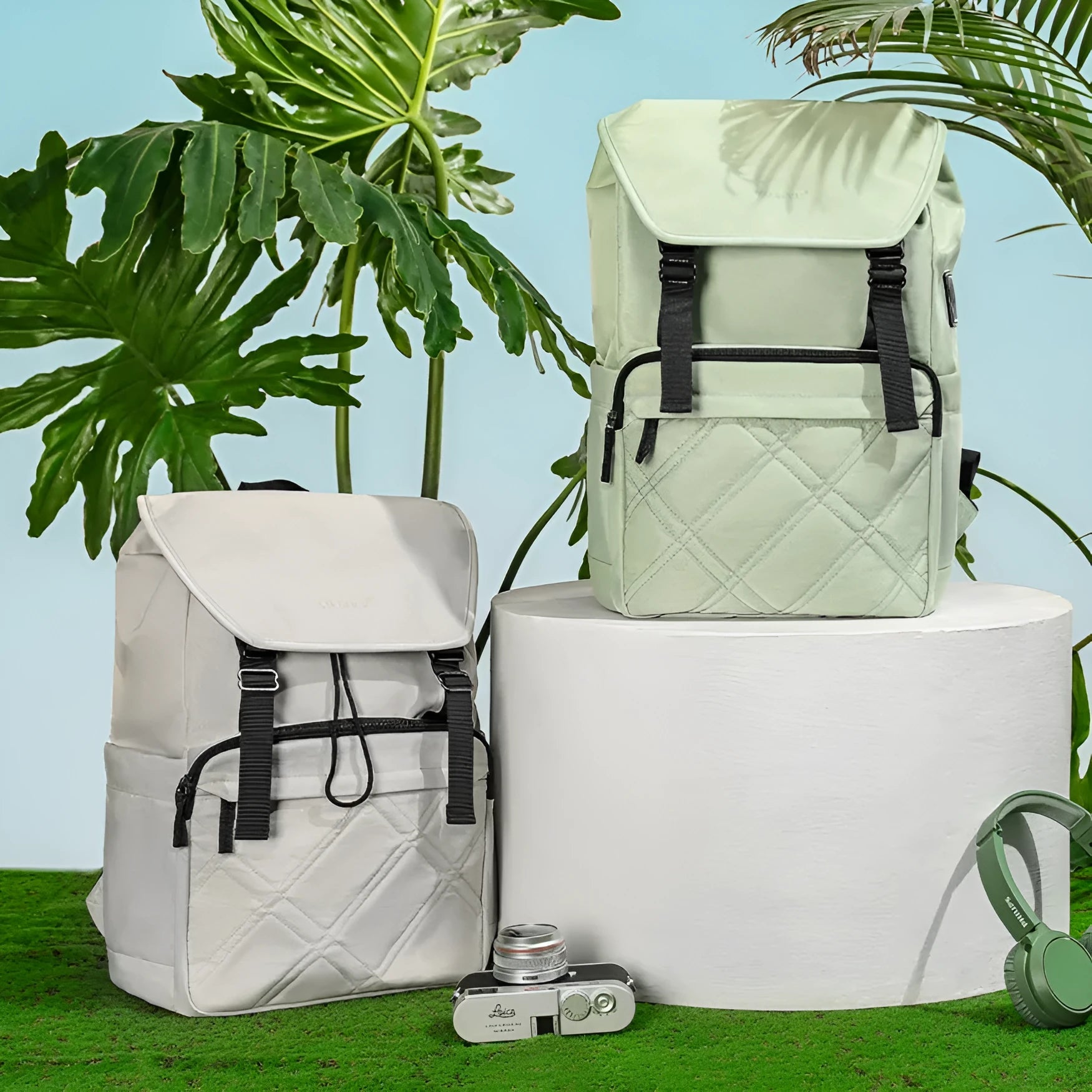 15.6 inch nylon school backpack in light green colour showing laptop compartment and three-dimensional pockets