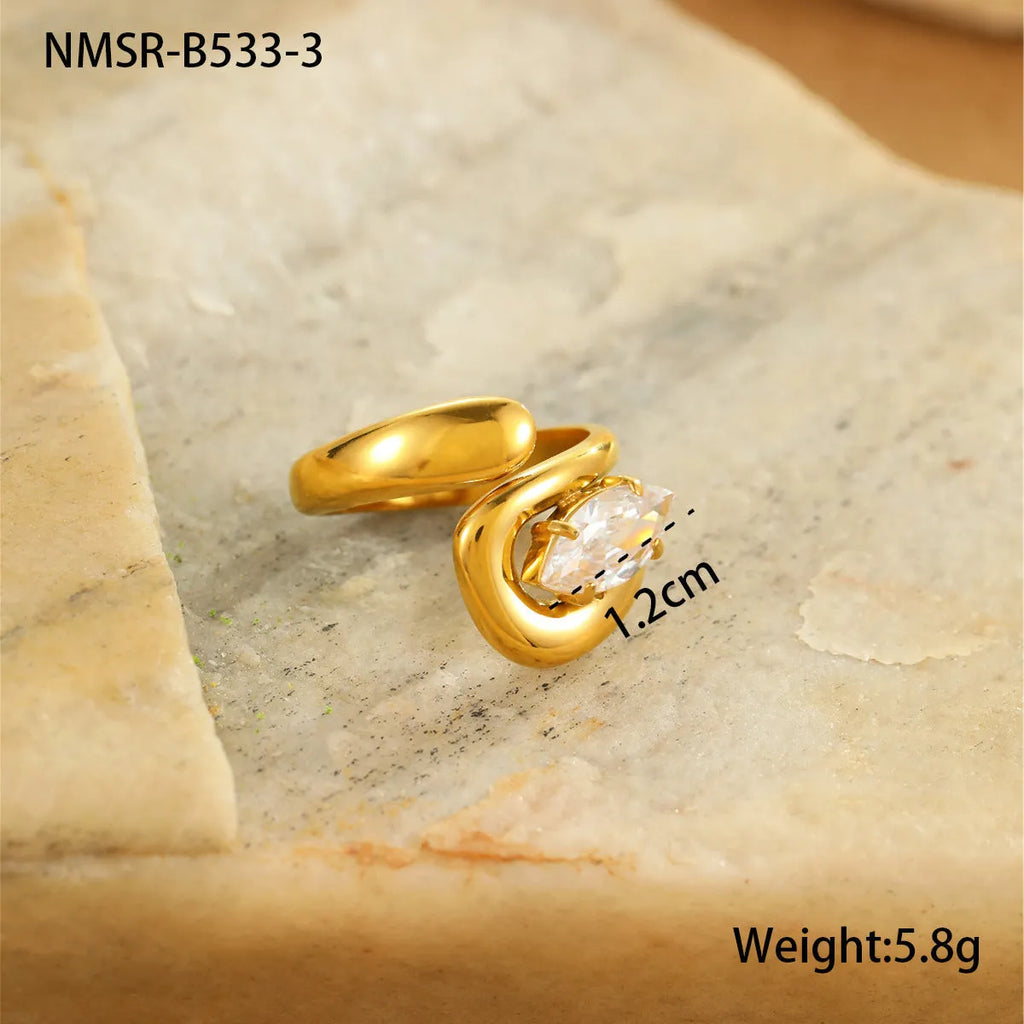 Non-fading inlaid zircon stainless steel open mouth ring for women in horse eye style with electroplated finish