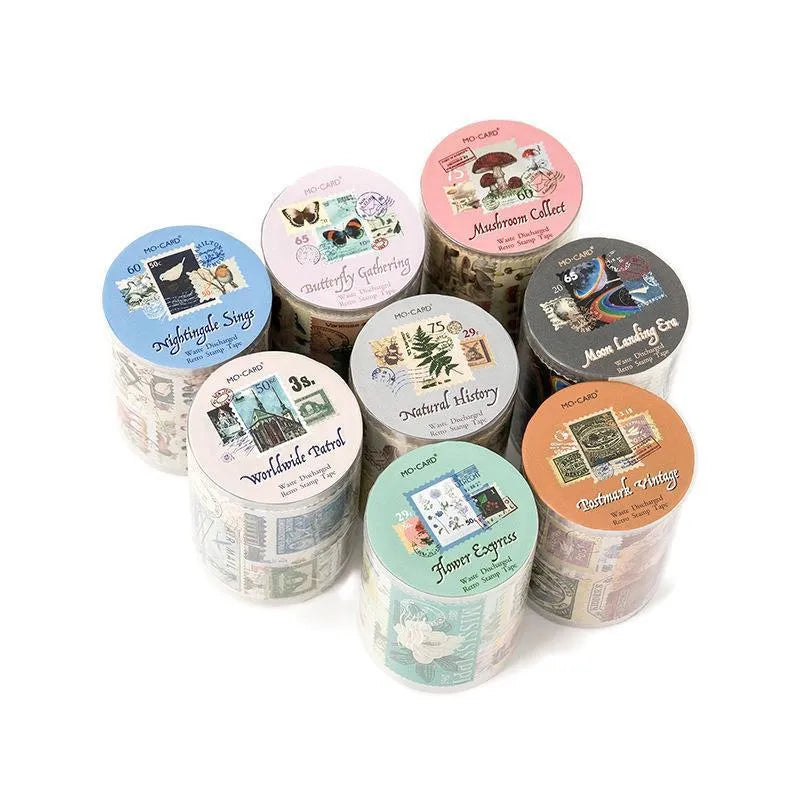 Roll of retro-themed decorative paper stickers for DIY journals, showing butterfly, forest, bird, and mushroom designs.