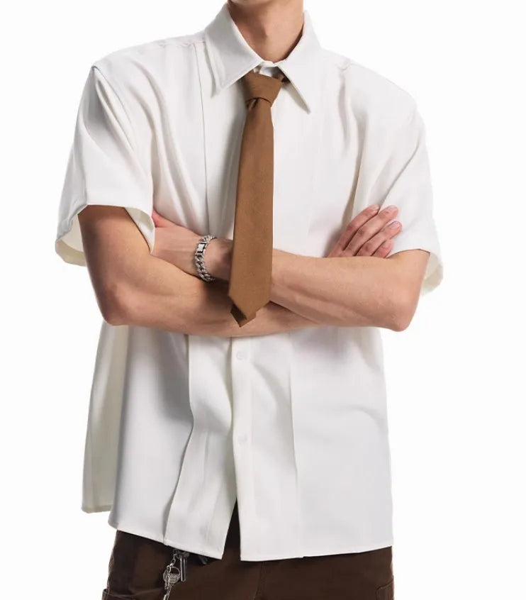 Detachable Padded Shoulder Lapel Short Sleeve Shirt for Men and Women, Loose Fit Minimalist Style, Polyester Blend with Non-Ironing Treatment, Available in Black and White Sizes M to 2XL