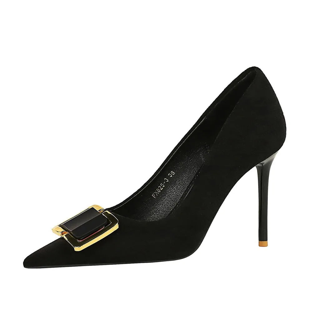 Black suede women's stiletto high heels with a 9cm heel and open pointed toe.