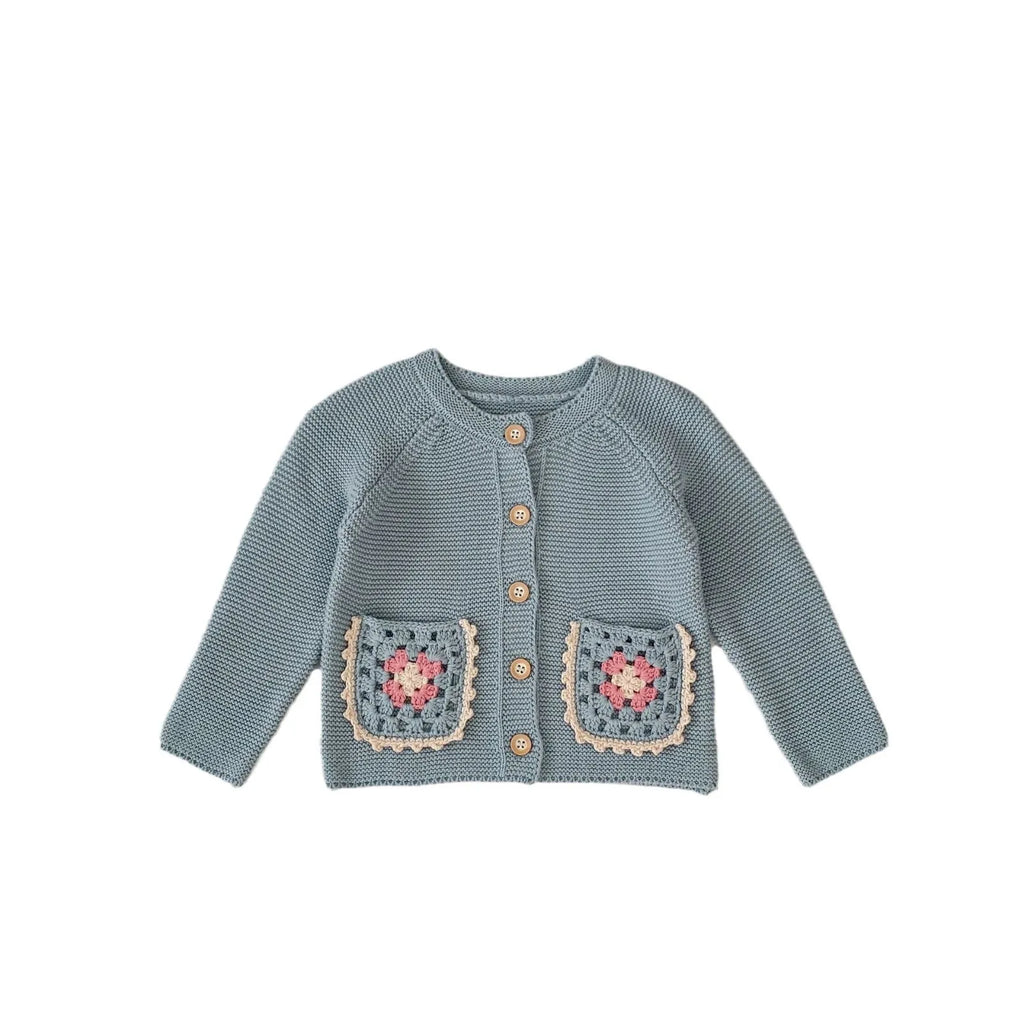 Children's Round Collar Sweater Cardigan Hand Crochet Hollow Flower Pocket Coat Smokey Blue Cotton Long Sleeve Cardigan for Girls Spring Autumn Single-Breasted Suitable Height 66-100cm Non-Hooded Trendy All-Matching Design