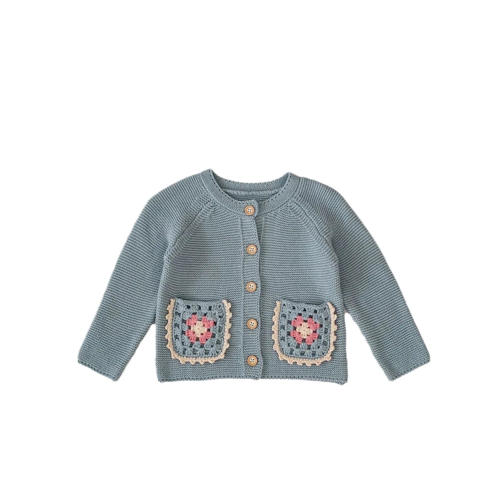 Children's Round Collar Sweater Cardigan Hand Crochet Hollow Flower Pocket Coat Smokey Blue Cotton Long Sleeve Cardigan for Girls Spring Autumn Single-Breasted Suitable Height 66-100cm Non-Hooded Trendy All-Matching Design