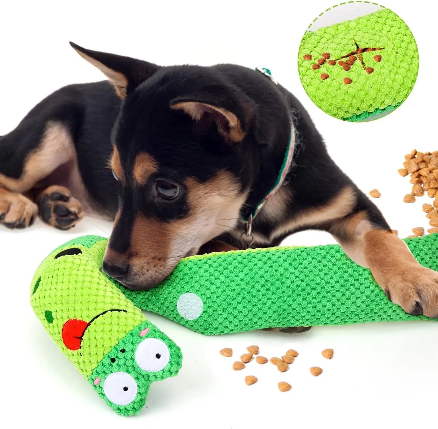 Reversible velvet squeak dog toy shaped like a snail with hidden food holes for foraging puzzles.