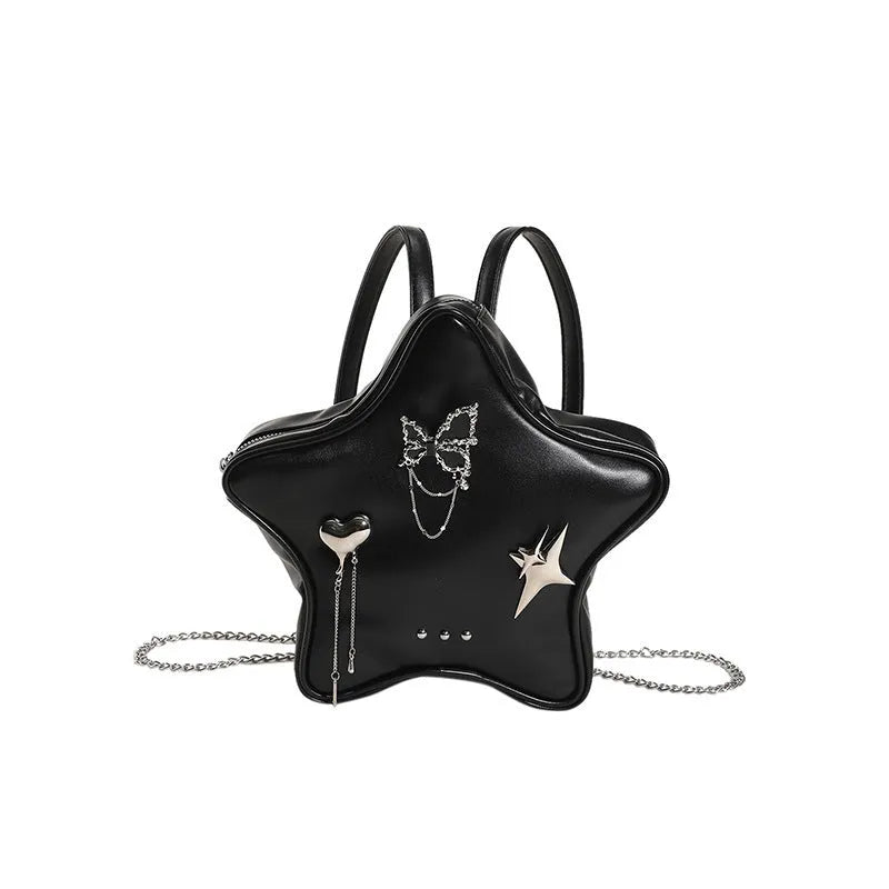 Black PU leather decorative backpack with metal butterfly love pendant and five-pointed star, chain strap.