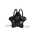 Black PU leather decorative backpack with metal butterfly love pendant and five-pointed star, chain strap.