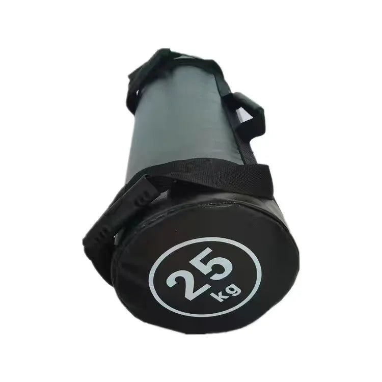 Flat white leather PVC fitness sandbag for weight training on a gym floor.