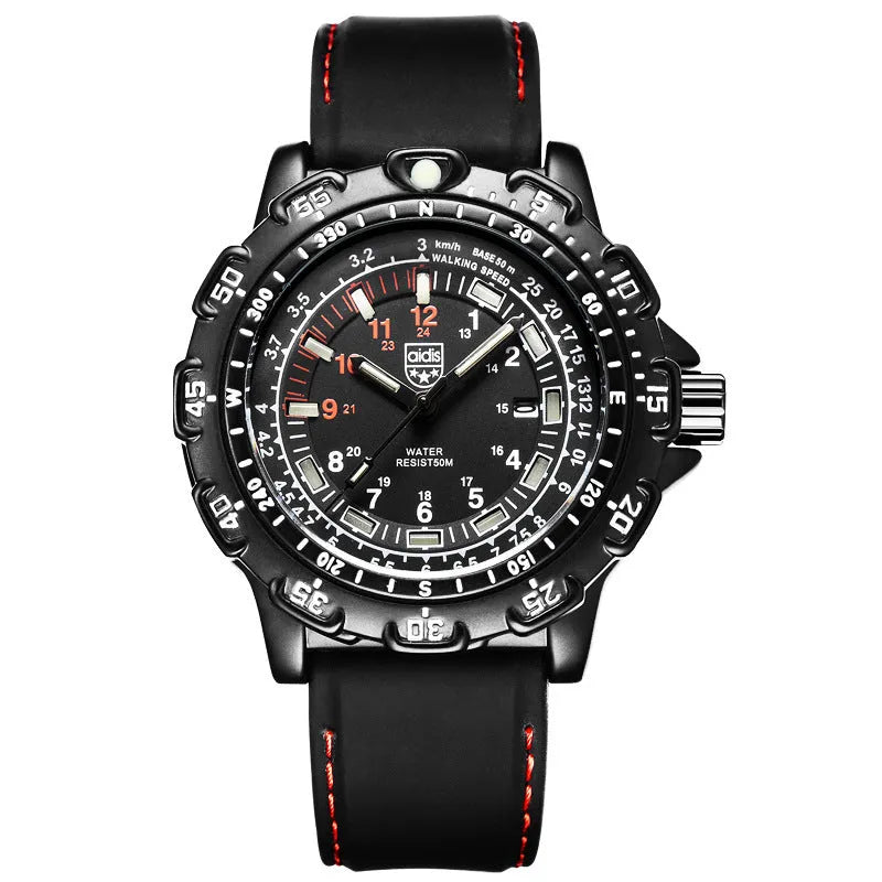 Men military watch with black dial, silicone band, and luminous hands on white background