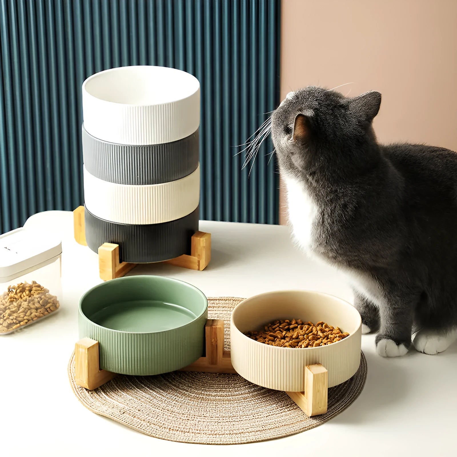 Cat ceramic bowl with wooden frame in straight matte finish, anti-tumble design