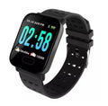 A6 smart bracelet with colour screen and black silicone strap on a wrist.