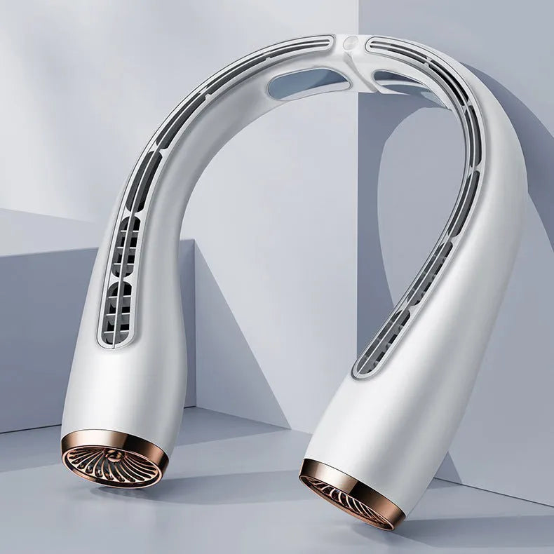 Bladeless neck fan with cold aluminium sheets, 4000mAh battery, lightweight design for outdoor summer cooling