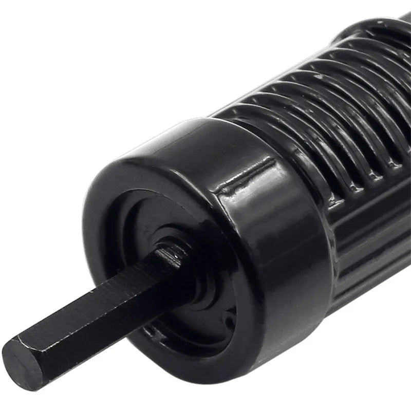 Black metal electric drill rivet gun attachment with alloy steel head, shown with handle, wrench, and four rivet heads.