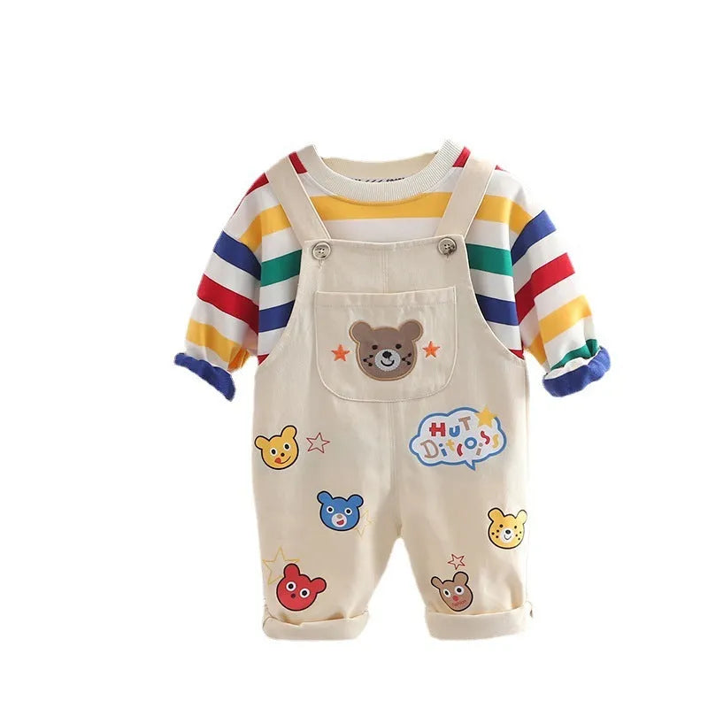 Boys' cotton plaid overalls suit with shirt and strap pants in beige or yellow colour