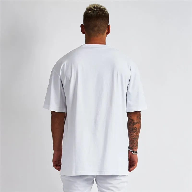 Cotton bodybuilding sports tshirt with five-point sleeves round neck bottoming shirt in black