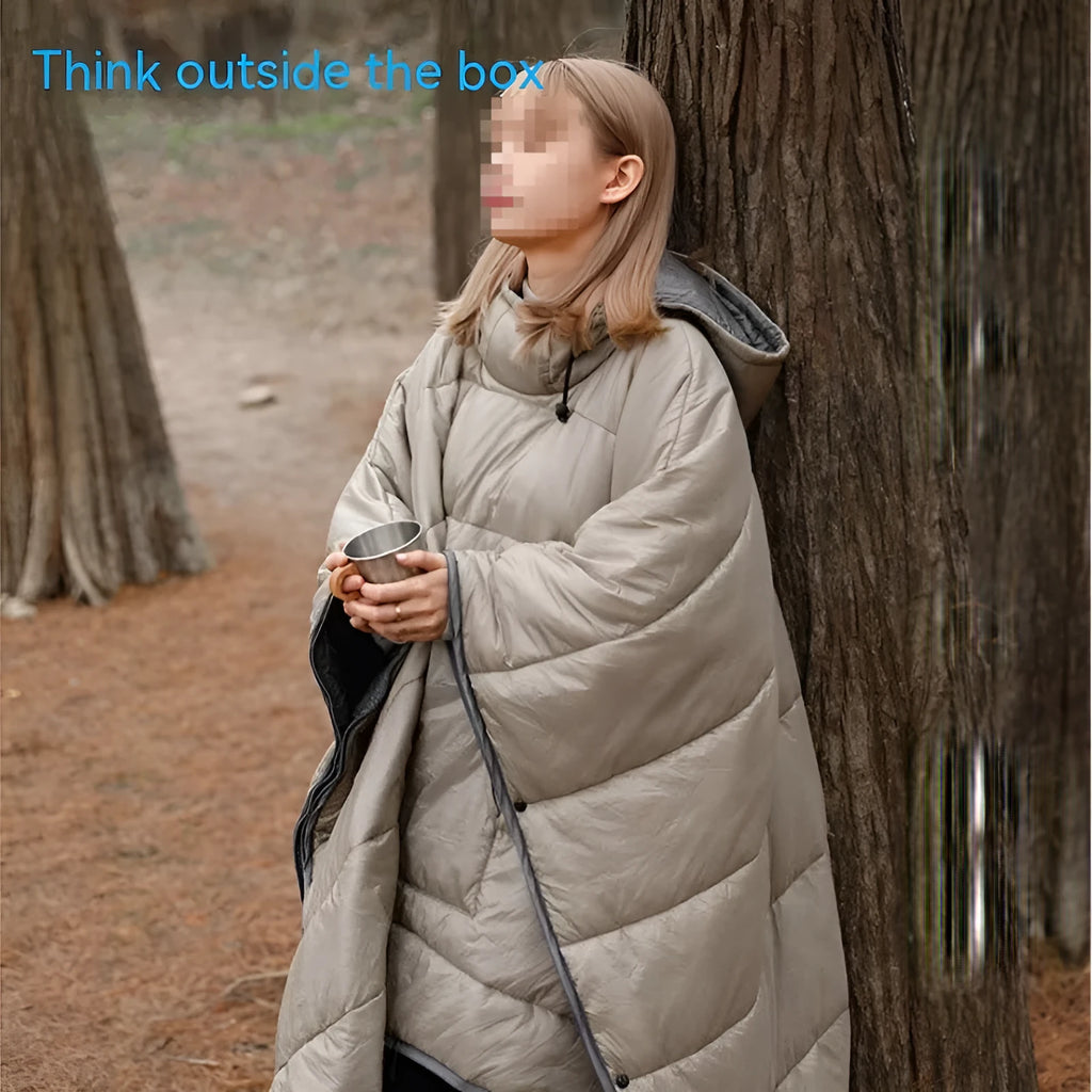 Army Green wearable sleeping bag cloak laid flat showing 200x140cm dimensions and convertible design