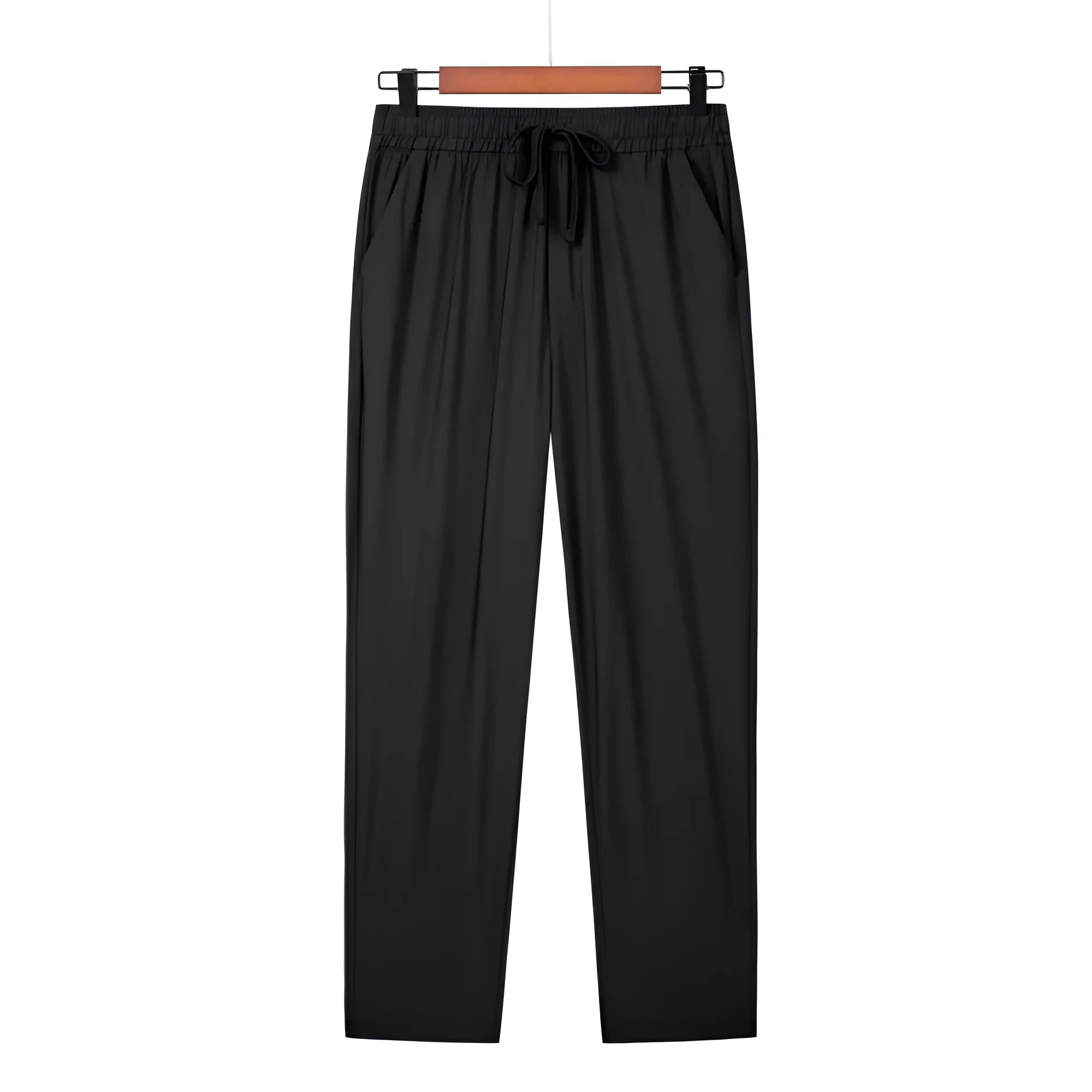 Black straight leg summer trousers with drawstring waist, made from thin ice silk blend fabric.