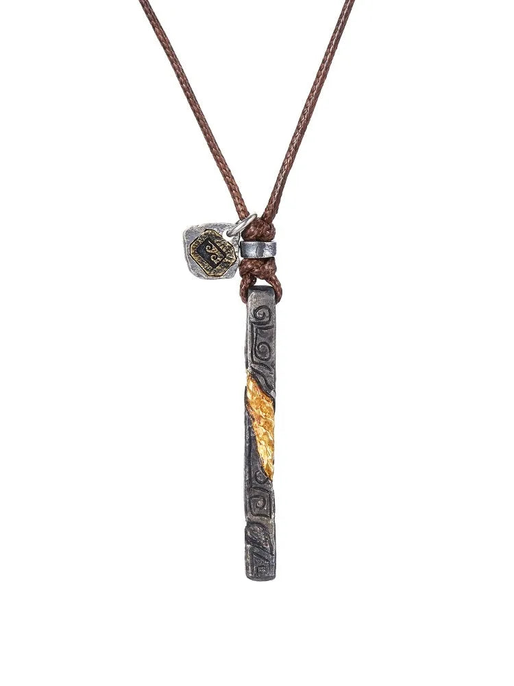 Handmade sterling silver men's necklace with 24K gold inlay gemstone detail full gold wrap style